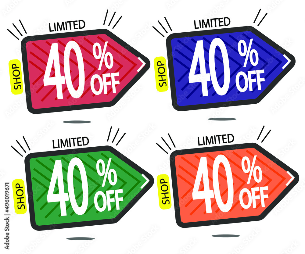 Set Sale 40% off banners discount tags design template, promo app icons, vector illustration colorful