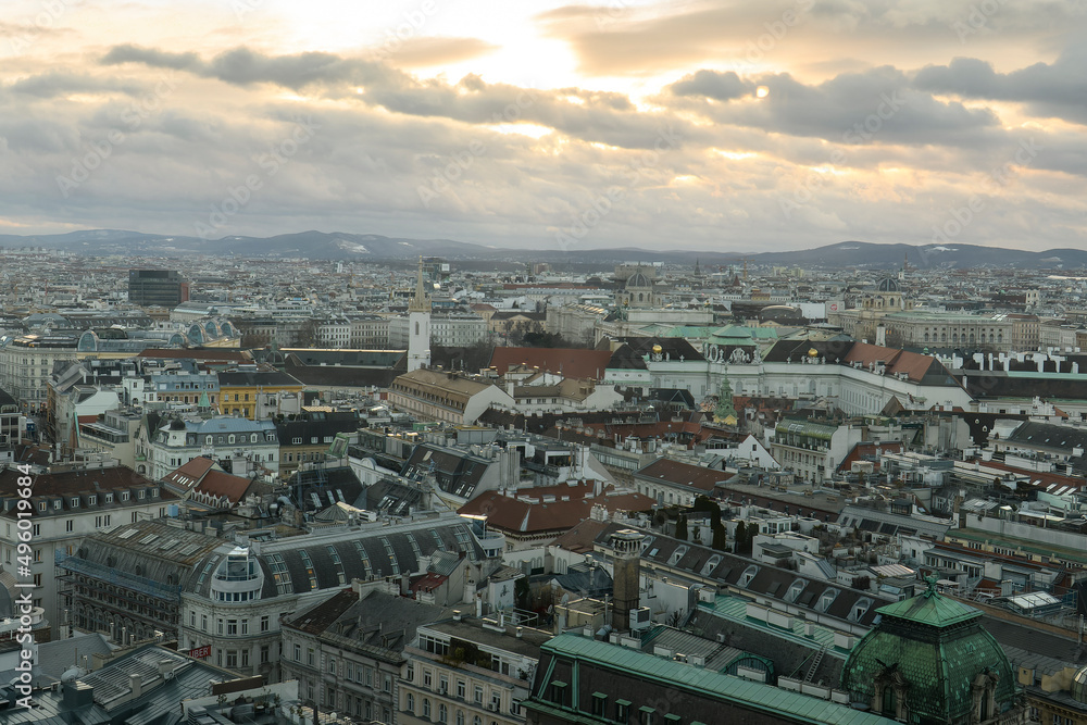 Panoramic view of Vienna from the South Tower of St Stephen Cathedral or Stephansdom, catholic church in Vienna, Austria