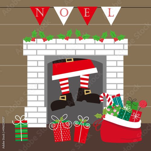 christmas greeting card with santa on the chimney