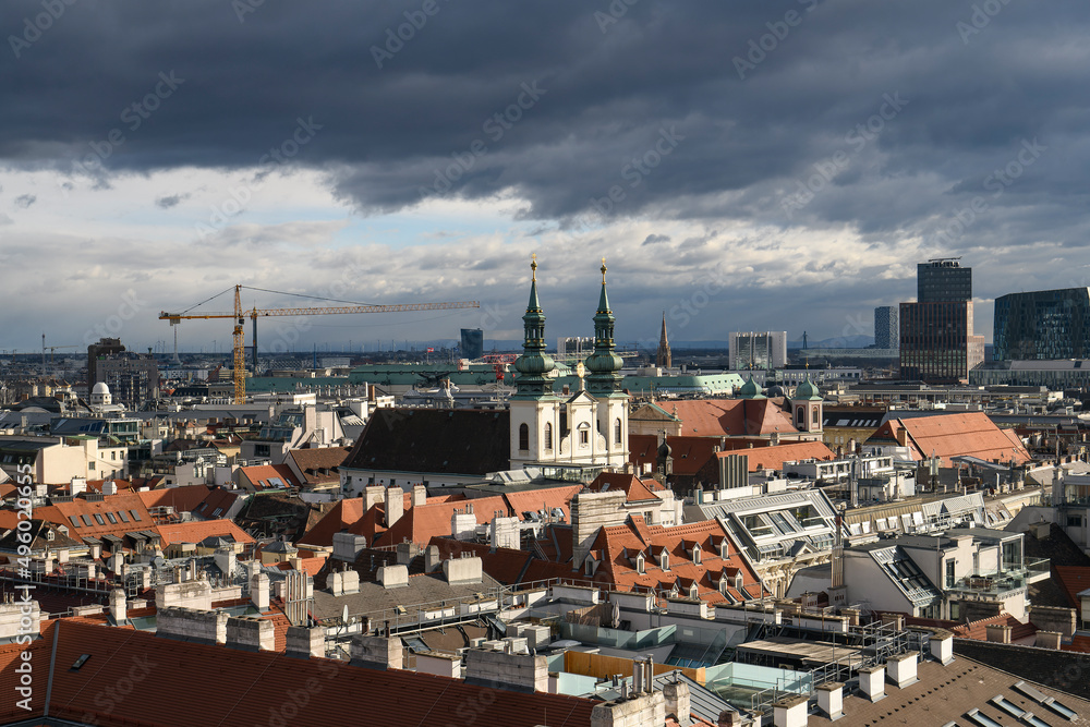 Aerial view of Vienna from North Tower of St. Stephen Cathedral or Stephansdom, main catholic church in Vienna, Austria