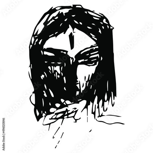 Human head. Indian god Shiva. Hand drawn linear doodle rough sketch. Black silhouette on white background.