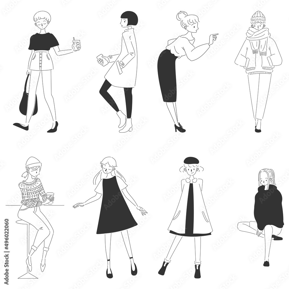 色々なファッションテイストの女性のモノクロイラスト