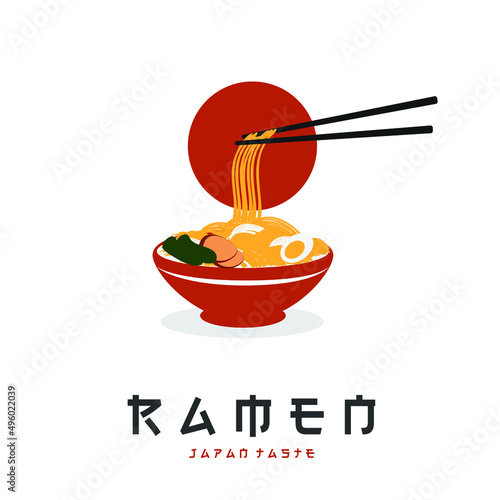 Japanese dish ramen noodle illustration logo with chopsticks