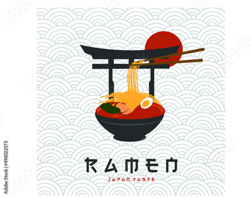 Hot ramen illustration logo on Japanese background