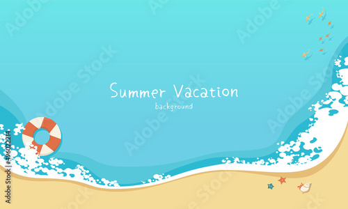 Top view illustration of sea waves and sandy beach. Summer vacation concept banner background with copy space.