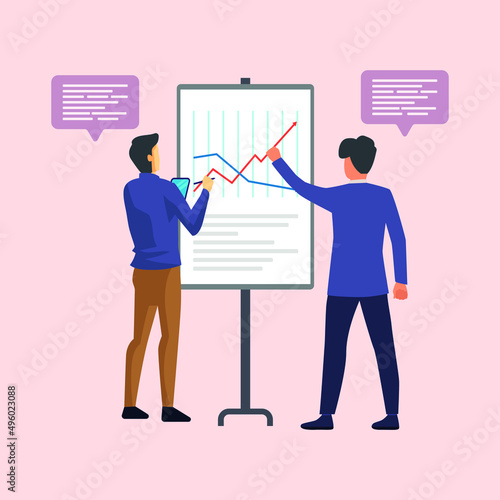 Male team discussing graph of sales for 1 month period. Business Teamwork concept. vector illustration.