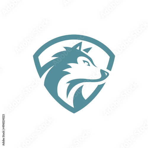 Wolf head and shield logo design, wolf badge emblem vector icon