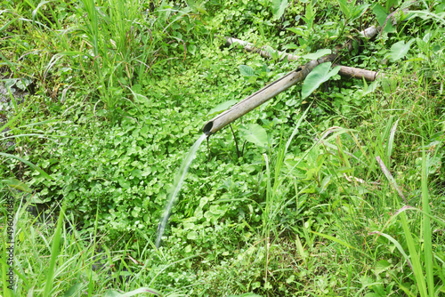 Small water irrigation at the rice field, with white clear water.