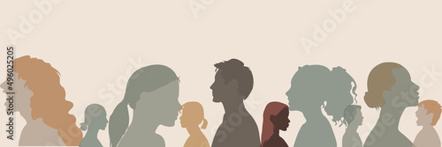 Silhouette of diversity people side. Group of multi-ethnic business co-workers and colleagues. Community of friends. Cooperation and collaboration. Teamwork partnership organization. Color