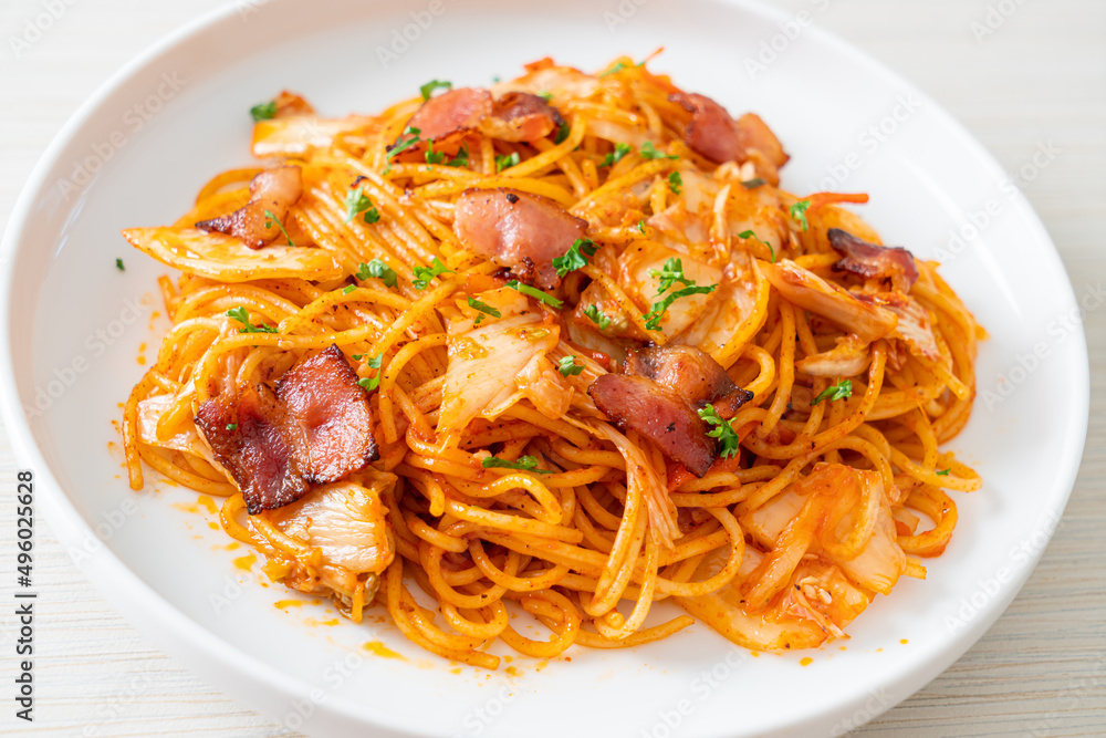 stir-fried spaghetti with kimchi and bacon stir-fried spaghetti with kimchi and bacon