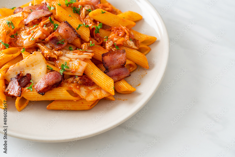 stir-fried penne pasta with kimchi and bacon stir-fried penne pasta with kimchi and bacon