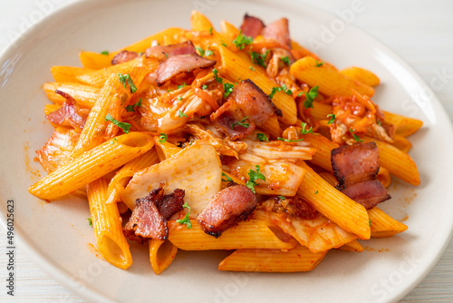 stir-fried penne pasta with kimchi and bacon