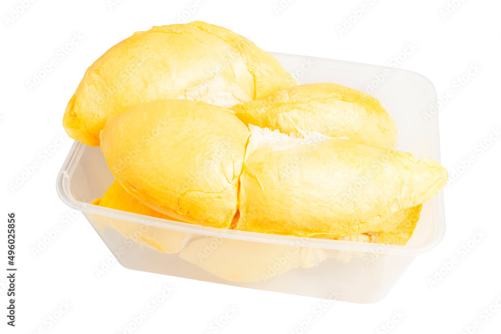 Fresh Organic Ripe Durian in a plastic container, King of Fruits which is the most popular in Thailand, isolated on white background. Clipping path
Fresh Organic Ripe Durian in a plastic container, King of Fruits which is the most popular in Thailand, isolated on white background. Clipping path