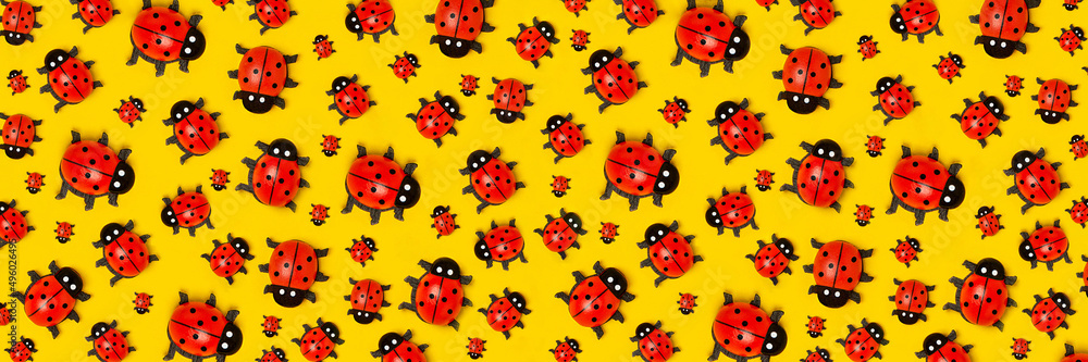Banner with pattern of ladybugs on yellow background, as backdrop or texture. Bright summer wallpaper. Top view Flat lay