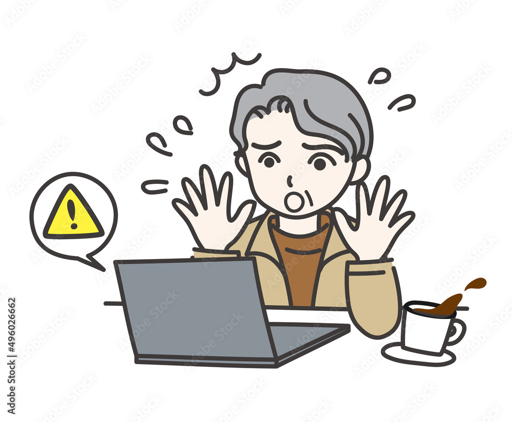パソコンが突然クラッシュしてビックリしている年配の男性D【ノートパソコン】