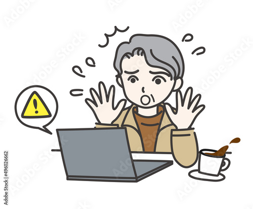 パソコンが突然クラッシュしてビックリしている年配の男性D【ノートパソコン】