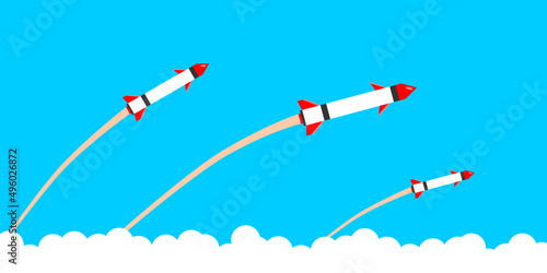 Missile rocket warhead launch frying air strikes in war with blue background icon flat vector design.