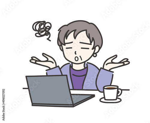 パソコンの前でお手上げ状態になった年配の女性D【ノートパソコン】