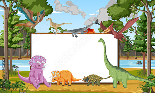 Scene with dinosaurs and whiteboard in the forest