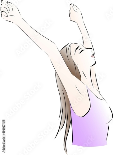 朝起きて伸びをして深呼吸する女性