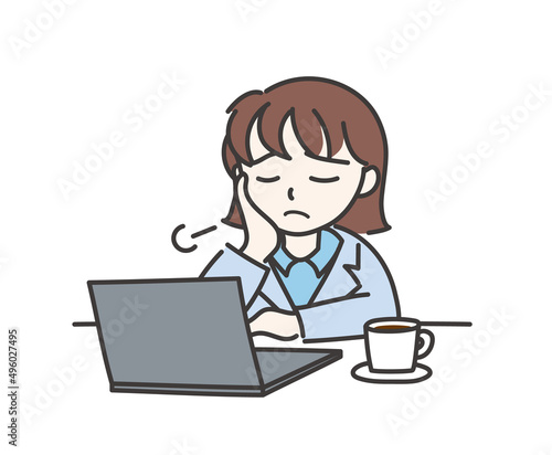 パソコンを前にしてため息をついている女の子A2【リボンなし／ノートパソコン】