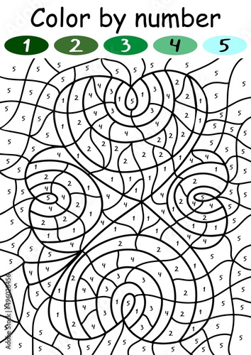 Four-leaf clover color by number game for kids vector illustration. St Patrick's day coloring page with numbers for children. Hand-drawn good luck symbol puzzle for children