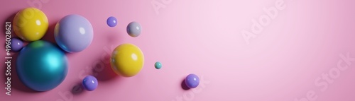 Abstract background with falling 3d balls. Dynamic flying bubbles. Modern trendy horizontal banner  poster  header template for website. Realistic mockup 3D rendering illustration.