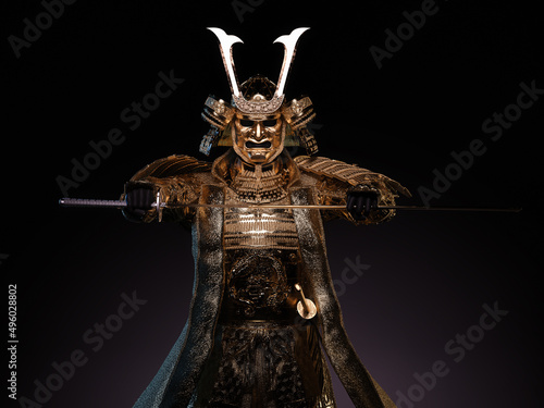 A samurai figure wearing gold armor and drawing a sword on dark background. 3D illustration.