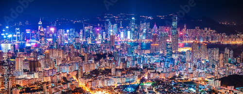 panorama epic view of Hong Kong Night  from Kowloon to Hong Kong Island. metropolis in Asia