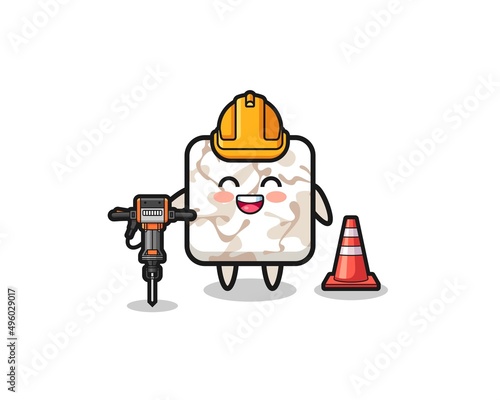 road worker mascot of ceramic tile holding drill machine