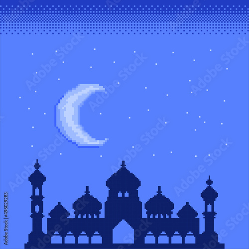 pixel art ramadan background with shadow mosque and beautiful sky full of stars