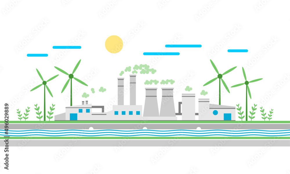Obraz premium Industrial factory plant sustainability development environmentally ecology friendly on white background flat vector design.