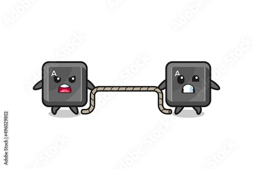 cute keyboard button character is playing tug of war game