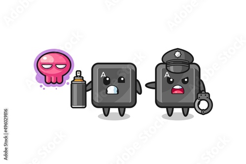 keyboard button cartoon doing vandalism and caught by the police