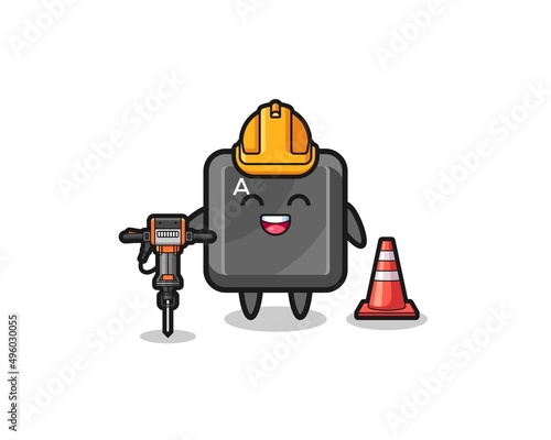 road worker mascot of keyboard button holding drill machine