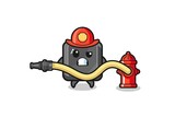 keyboard button cartoon as firefighter mascot with water hose