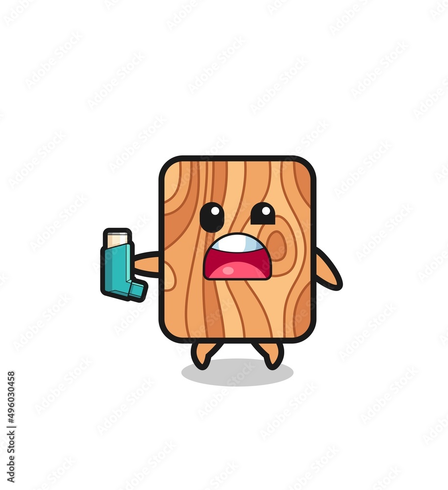 plank wood mascot having asthma while holding the inhaler