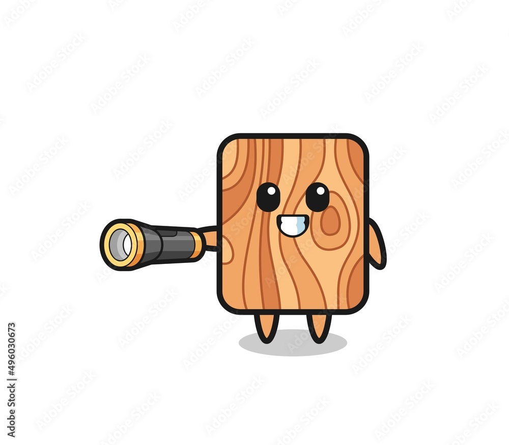 plank wood mascot holding flashlight plank wood mascot holding flashlight