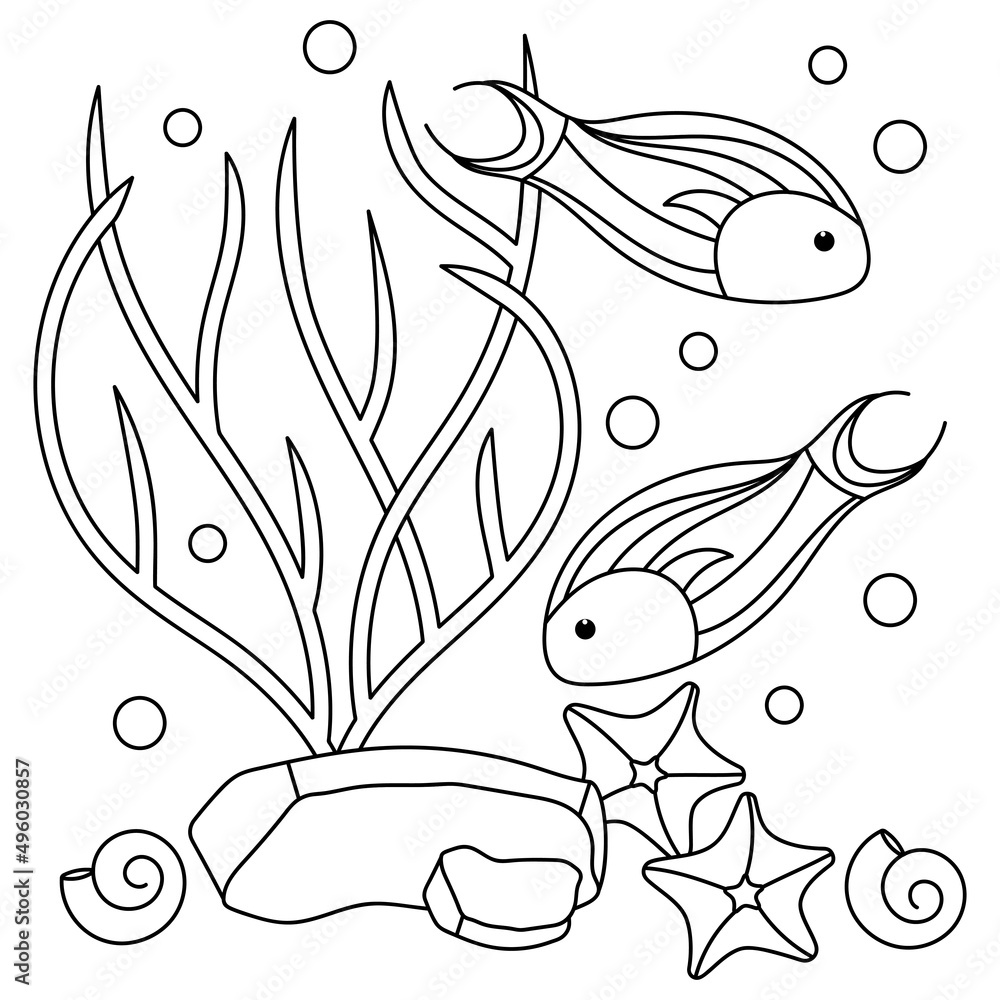 Fototapeta premium Underwater coloring page forchildren. Plants and fish. Hand drawn vector illustration
