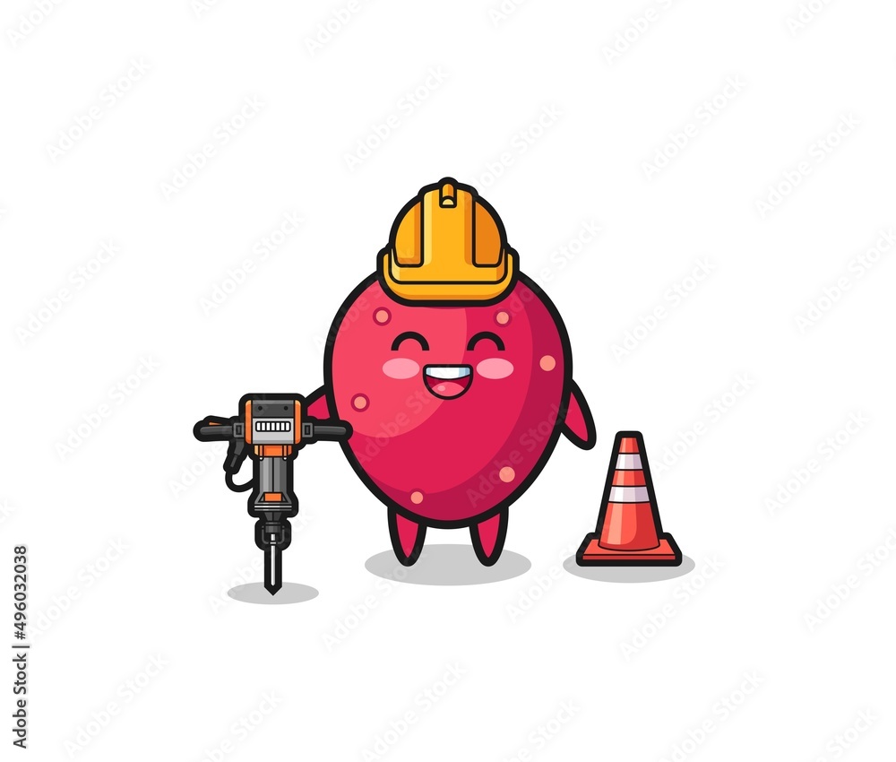 road worker mascot of prickly pear holding drill machine