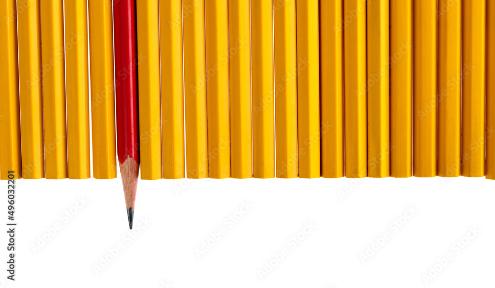 A row of pencils with one different direction A row of pencils with one different direction