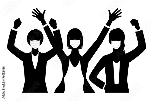 Silhouette of the  women wearing medical masks to raise both hands