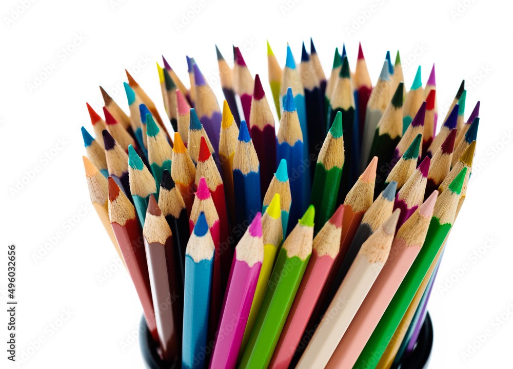 Colorful pencils in metal basket on white background Colorful pencils in metal basket on white background