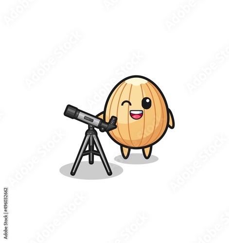 almond astronomer mascot with a modern telescope