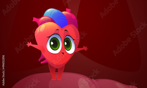 Human heart cartoon character. Cute internal organ, funny personage of cardiological system with kawaii face waving hands inside of rib cage. Healthy body, anatomy for kids, Vector illustration