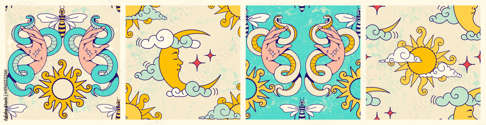 Fototapeta premium Seamless celestial prints. Background for tarot, astrology, magic. Vintage crescent moon and sun. Esoteric vector illustration for fabric, wallpaper, packaging, astrology, phone case, wrapping