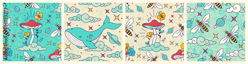 Mushrooms, seamless,  Hippie, celestial , fun,  Graphic, wallpaper, prints, Magic,  Background, Groovy, Hand Drawn, doodle,  seamless pattern, fabric, Surreal, shrooms, solar, celestial, sun, sky, ret