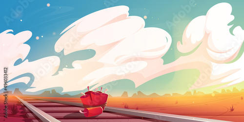 Wild west landscape with railway and dynamite. Vector cartoon illustration of western desert with railroad track and tnt. Attempt of bandits to destroy track and attack train