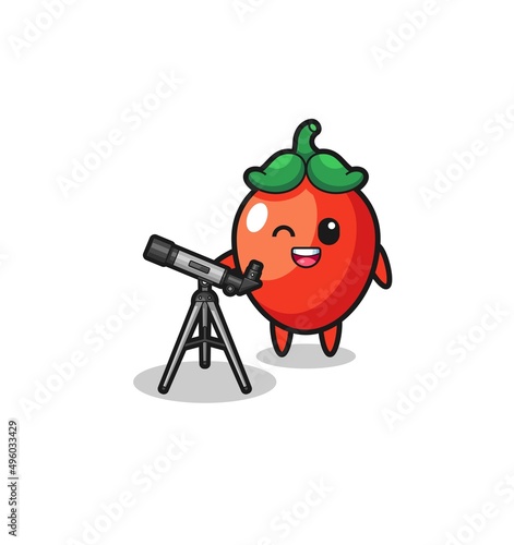 chili pepper astronomer mascot with a modern telescope