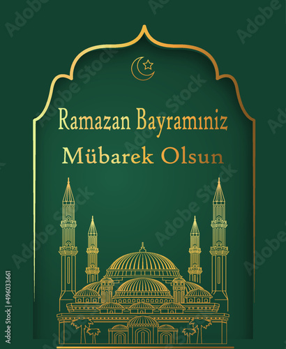 Ramazan Bayramınız Mubarek Olsun Translation : May Your Ramadan Holiday be Blessed. Ramadan Design with Mosque Vector Illustration suitable for Greeting Card, Poster, Banner Template